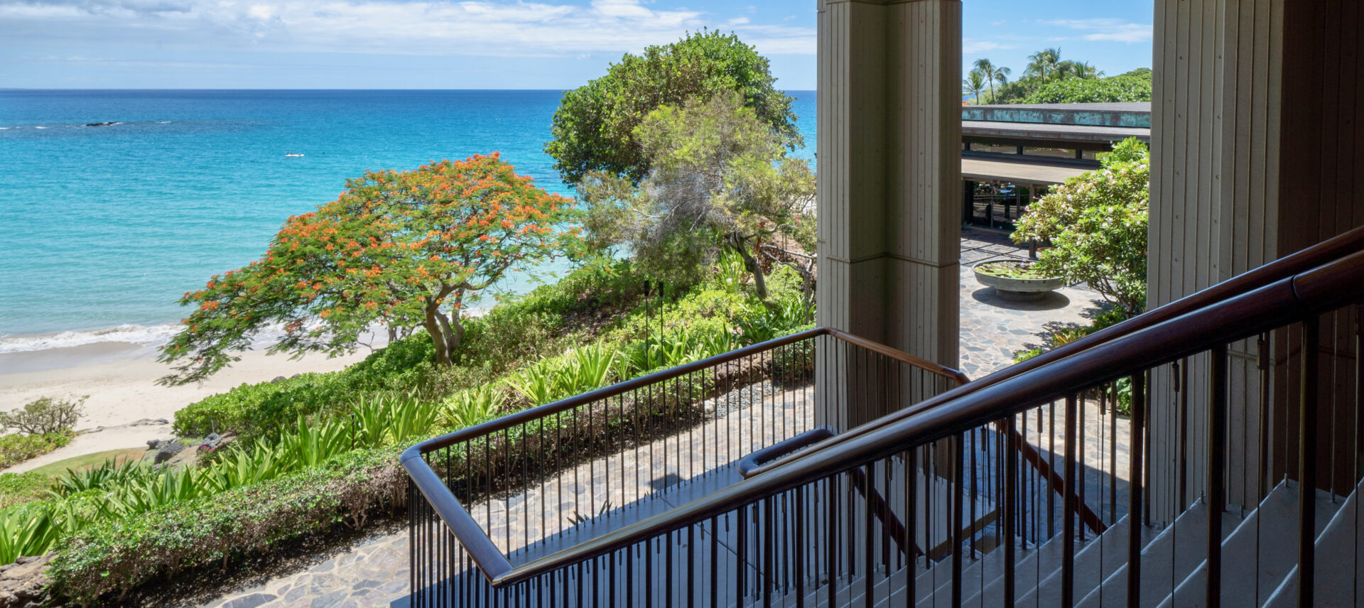 Mauna Kea Beach Hotel balcony looking at the ocean shore
