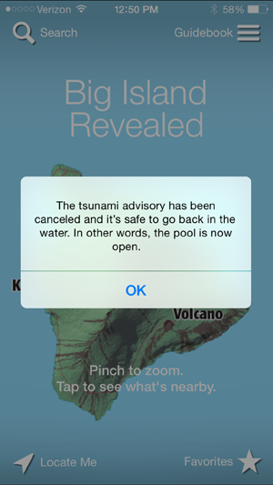 The Big Island Revealed App showing a notification of Tsunamis in real time