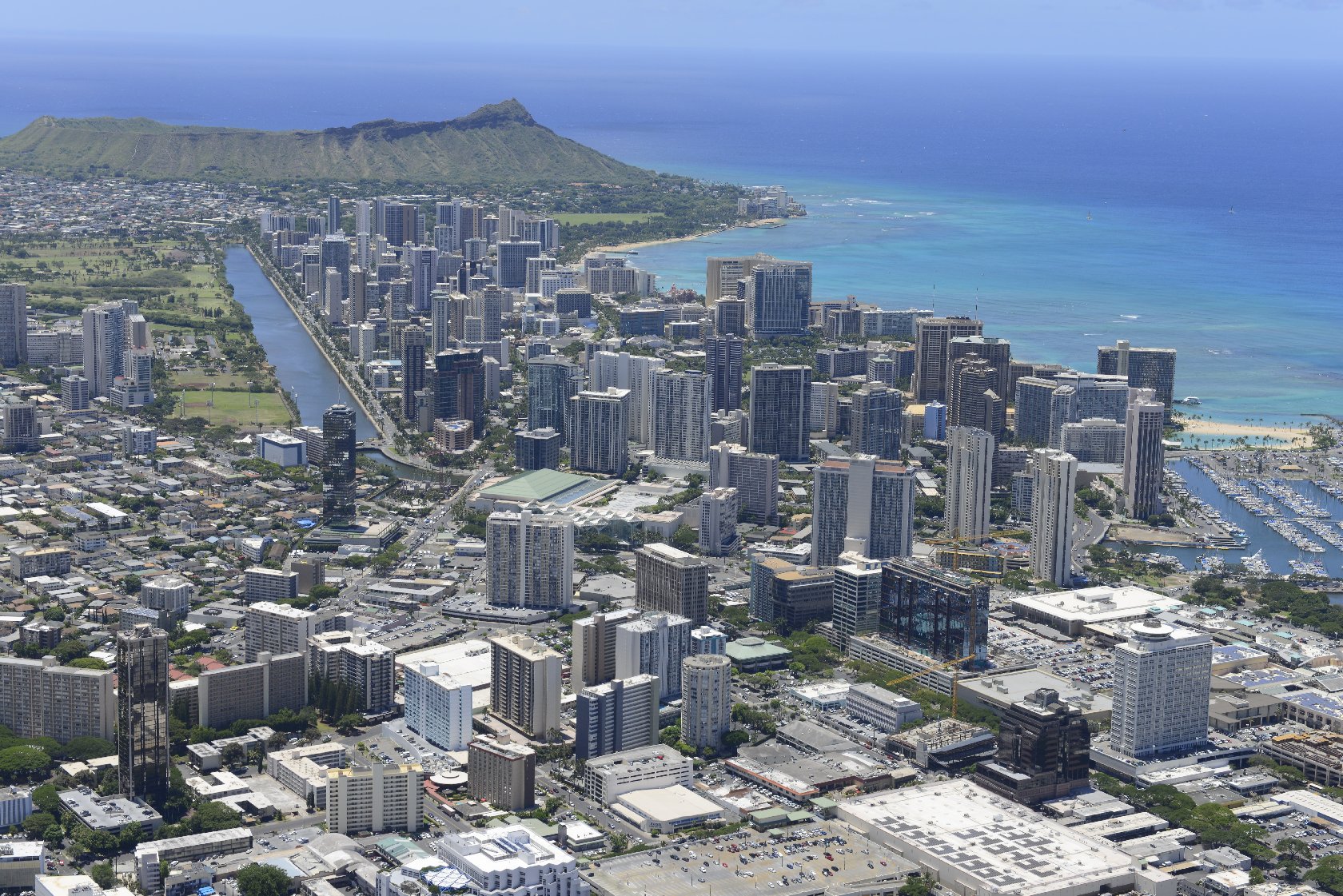 Oahu, Honolulu Aerial view of the city with the ocean shore and Diamond Head Crater in the background