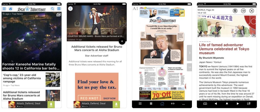Honolulu Star Advertiser App that's showcasing various Hawaiian News Articles