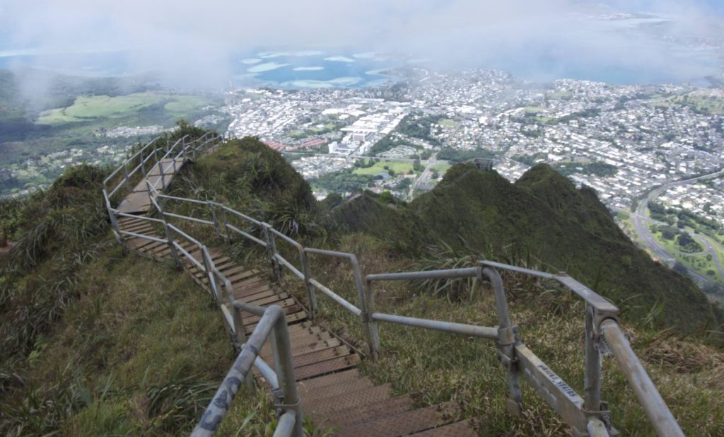 Haiku Stairs, or Stairway to Heaven, is a breathtaking aerial view of the iconic stairway on top of a mountainside making it one of the most staple hiking experiences in Oahu, Hawaii