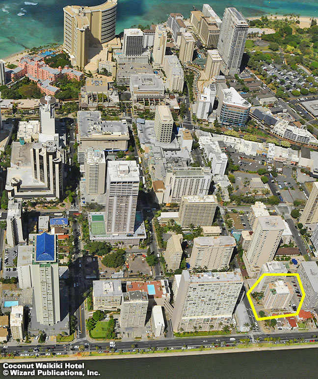 A aerial view of Honolulu's city and a boxed pointing out The Coconut Waikiki Hotel that's located just a block away from shopping and three blocks from Waikiki Beach