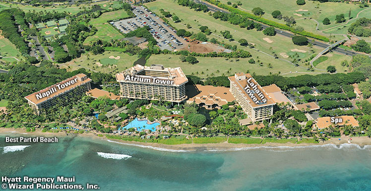 A aerial view of the Hyatt Regency Waikiki that's pointing out the Napili Tower, Atrium Tower, Lahaina Tower, Spa and the Best Part of the Beach