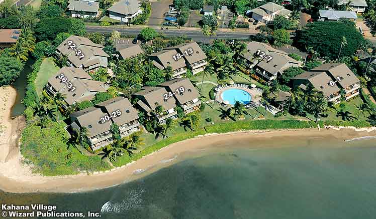 An aerial perspective of Kahana Village, a low-rise resort located in West Maui, Hawaii. It's along the ocean shore