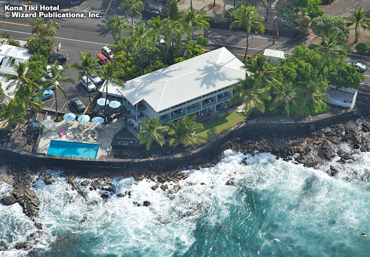 A bird's eye view of the Kona Tiki Hotel that is along the oceanfront in Kailua-Kona, Hawaii.