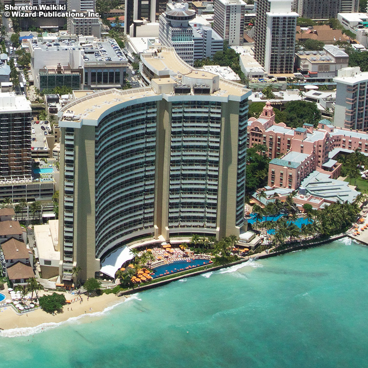 The Sheraton Waikiki on the shores of Waikiki Beach in the city of Honolulu, Hawaii