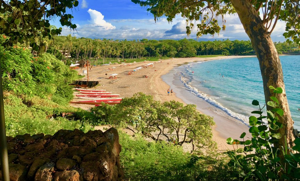 A view of Mauna Kea Beach Hotel's beach shore where guest are seen sunbathing and enjoying their time in the beach