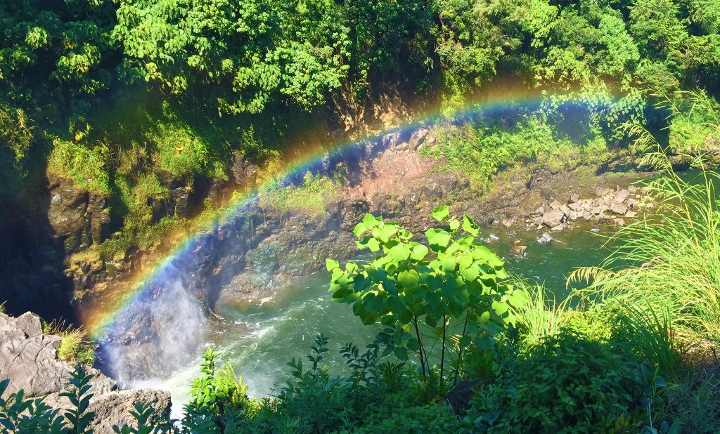 A view of Rainbow Falls is a waterfall located in Hilo, Hawaii, where a rainbow is arching across the waterfall