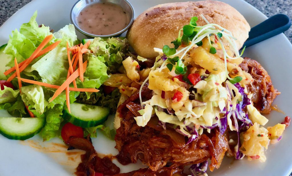 A close up Kalua Pork made in Pineapples Island Fresh Cuisine, the only open-air restaurant in downtown Hilo