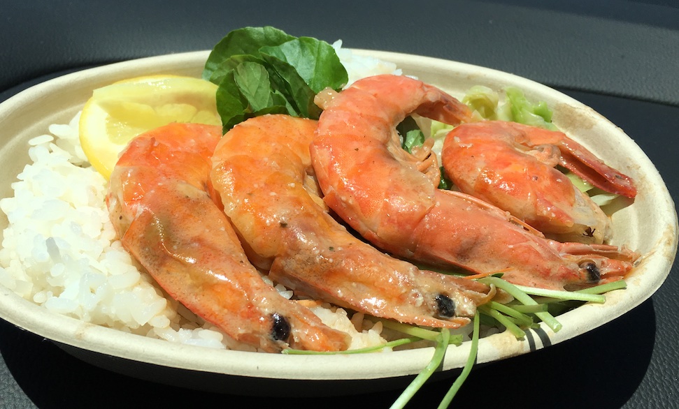 Close up to shrimp and rice made in Tin Roof, a casual lunch shop in Kahalui, Maui