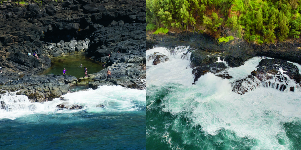 The Queen's Bath is a natural pool between rugged lava rocks and surrounded by crashing waves along the coast of Kauai, Hawaii.