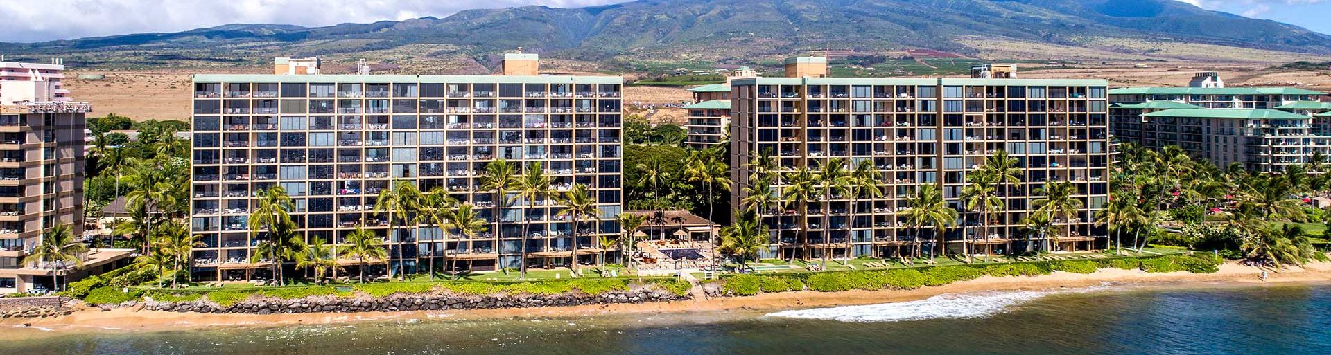 Far away shot of Mahana at Ka‘anapali where you can see the two buildings in full