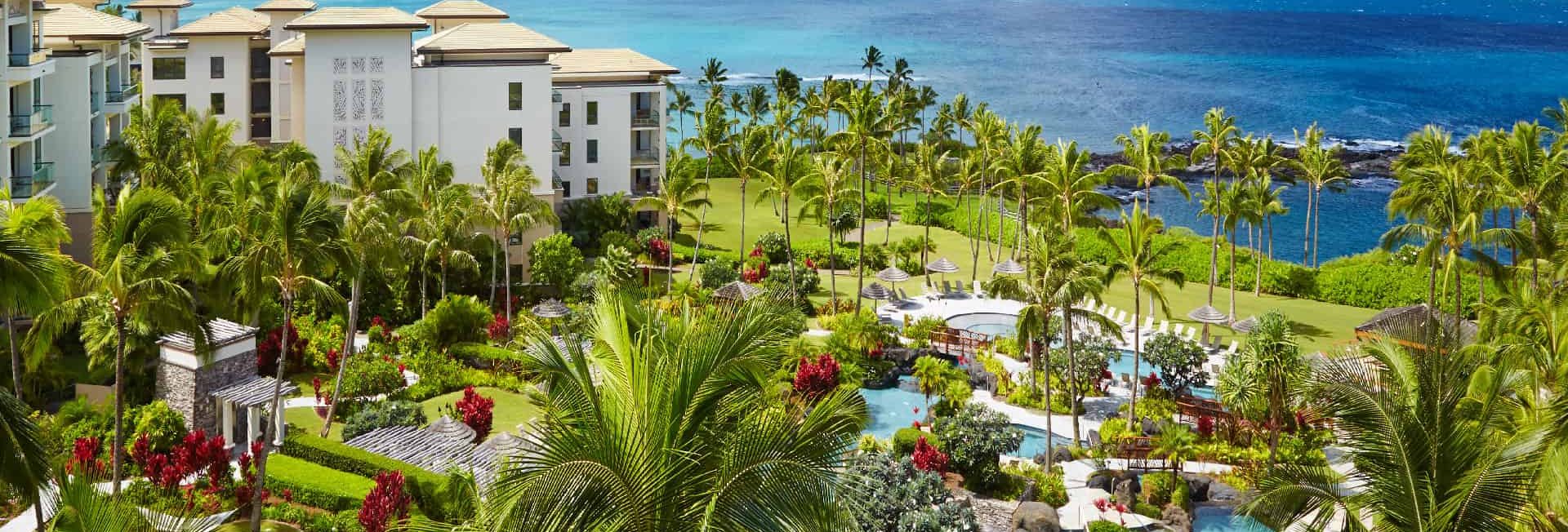 A wide shot of Montage at Kapalua Bay with ocean in the background