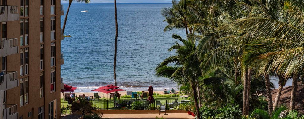 A view of the beach looking out from a Kihei Kai balcony