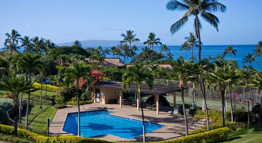 Far shot of Makena Surf pool and nature