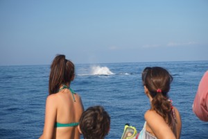 3 young girls looking across the sea of a whale jumping in the air