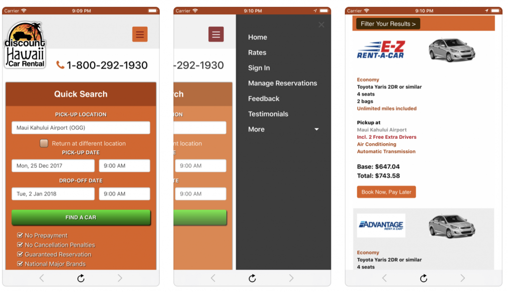 Discount Hawaii Car Rental App showcasing quick search and pick up locations