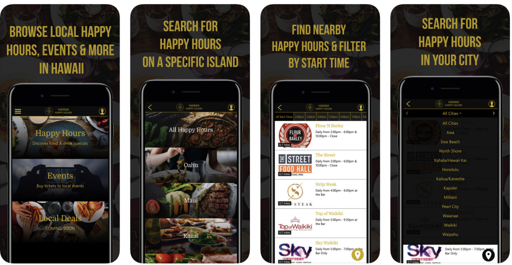 Happy Hour Hawaii mobile app allowing locals to find specific happy hours start times and locations