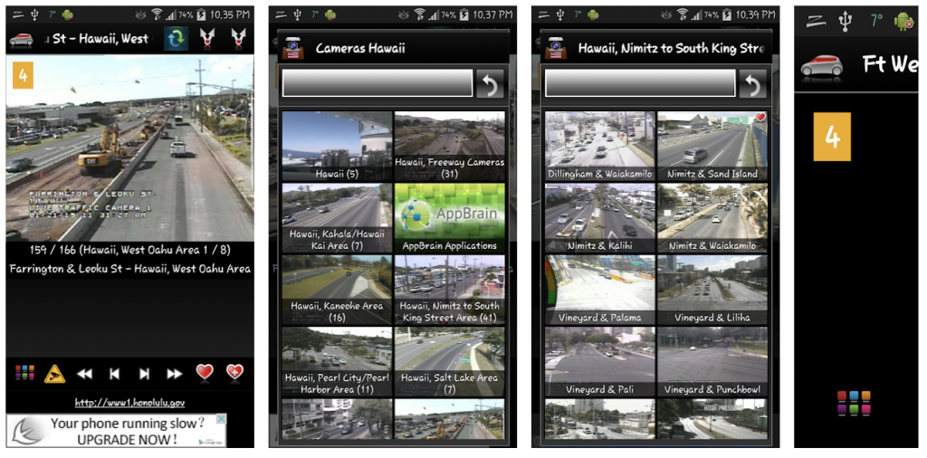 Hawaii Traffic Cameras app showcasing multiple screens such as various locations on what traffic is going on