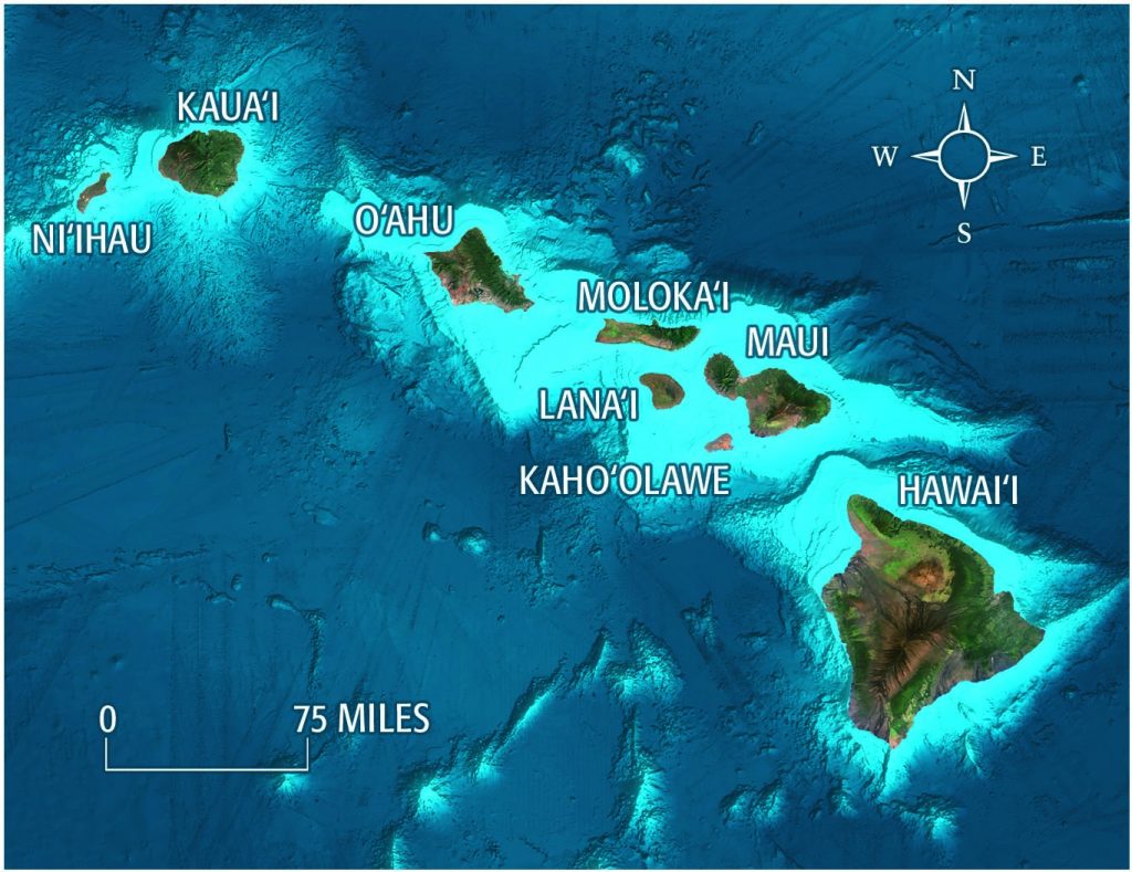 A map of the Hawaiian islands with text showcasing where Kaua'i, Ni'hau, o'ahu, moloka'i, lana'i, maui, kaho'olawe and big island are