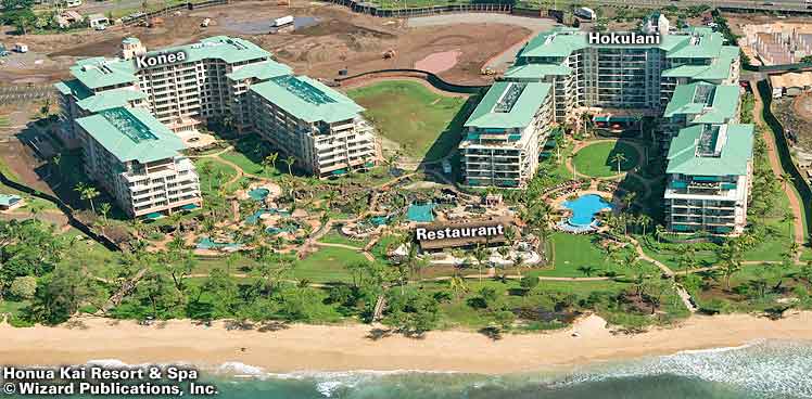 Aerial view of Honua Kai Resort & Spa with text pointing out the Konea, Hokulani and Restaurant