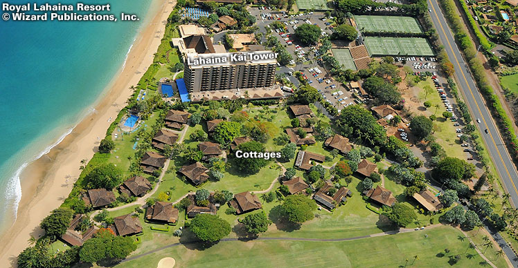 Aerial view of the Royal Lahaina Resort and pointing out with text the Lahaina Kai Tower and Cottages